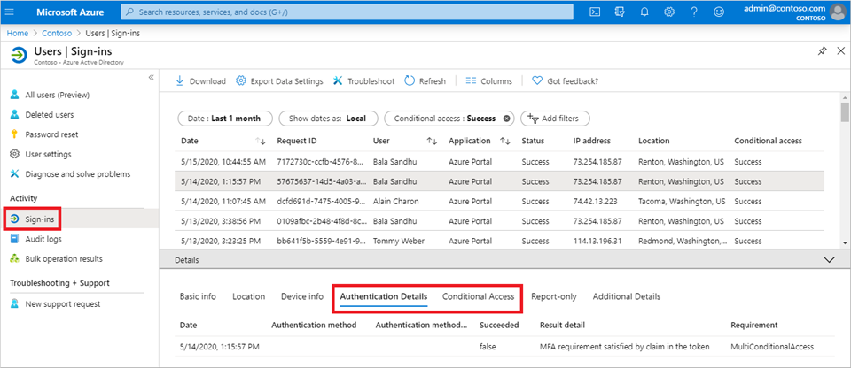 Use the sign-ins report to review Azure AD Multi-Factor Authentication events
