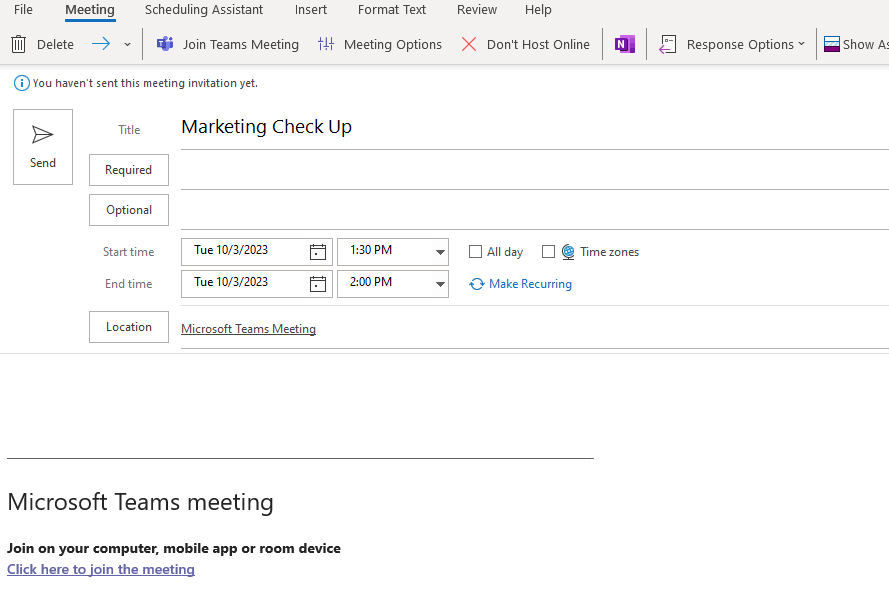 Once you've selected the meeting, add all the details of when, where, and who to the email.