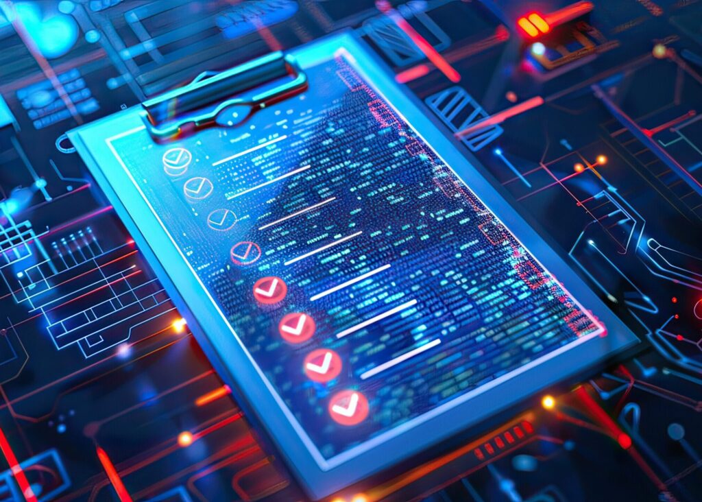 A digital clipboard with a checklist and red check marks is displayed on a futuristic, glowing circuit board background, symbolizing technology, data processing, and completed digital tasks.