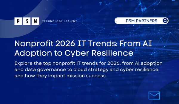 A digital banner with the title "Nonprofit 2026 IT Trends: From AI Adoption to Cyber Resilience" and a brief description about IT trends, over a blue tech-themed background with abstract lines and network icons.