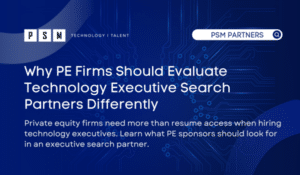 A digital graphic with circuit board patterns and text about why private equity firms should evaluate technology executive search partners differently, emphasizing the need for more than resume access when hiring executives.