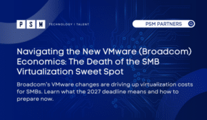A digital graphic with the headline "Navigating the New VMware (Broadcom) Economics: The Death of the SMB Virtualization Sweet Spot." It discusses rising virtualization costs for SMBs due to Broadcom’s VMware changes.
