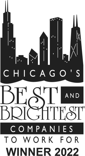 A black and white graphic of a Chicago skyline silhouette above the text "Chicago's Best and Brightest Companies to Work For Winner 2022.