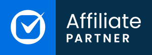 A blue and dark blue banner featuring a white check mark in a circle on the left and the words "Affiliate Partner" in bold white letters on the right.