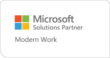 Microsoft Solutions Partner logo with the text "Modern Work" below. The logo features four colored squares (red, green, blue, yellow) arranged in a grid to the left of the text.