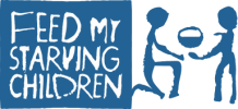 Blue and white illustration with the words "Feed My Starving Children" next to two figures, one kneeling and handing a bowl to the other.