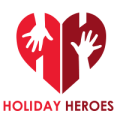 A red heart logo is split in two, with two white hands reaching inward from each half. Below the heart, the words "HOLIDAY HEROES" are written in bold red letters.