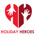 A red heart logo is split in two, with two white hands reaching inward from each half. Below the heart, the words "HOLIDAY HEROES" are written in bold red letters.